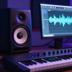 A detailed close-up of a modern music production studio setup, focusing on a large studio monitor speaker, a MIDI keyboard, and a computer screen with a waveform or sine wave displayed, in a dark atmosphere with blue and purple neon lights, cinematic lighting, high resolution, realistic, professional look.