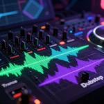 A detailed, high-contrast visual representation of electronic music genres: a DJ mixer with frequency spectrum waves overlapping, showing different colors for each genre (blue for Techno, red for House, green for Trance, purple for Dubstep). In the background, abstract geometric shapes and sound waveforms blend into a nightclub atmosphere with neon lights. Digital art style, cinematic lighting, 8K resolution.