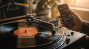A close-up, high-quality photograph of a vintage vinyl record spinning on a modern turntable, with warm, soft lighting. In the background, slightly out of focus, a person is holding a smartphone displaying a music streaming app. The scene should evoke a sense of nostalgia, authenticity, and the contrast between physical and digital music consumption. Emphasize texture and detail of the vinyl grooves and the turntable components. Golden hour lighting.