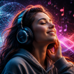 A vibrant, futuristic image depicting a person wearing headphones, surrounded by abstract musical notes and glowing AI-generated waveforms. The person looks engaged and happy. The background should subtly suggest a digital interface or a sound visualization, with elements of artificial intelligence like neural networks or data streams. High quality, digital art, dynamic lighting, rich colors.