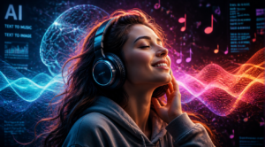 A vibrant, futuristic image depicting a person wearing headphones, surrounded by abstract musical notes and glowing AI-generated waveforms. The person looks engaged and happy. The background should subtly suggest a digital interface or a sound visualization, with elements of artificial intelligence like neural networks or data streams. High quality, digital art, dynamic lighting, rich colors.