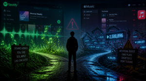 A conceptual editorial illustration showing a solitary music artist silhouette standing at a crossroads, one path showing organic natural growth with green musical notes and plants sprouting from genuine streaming waveforms, the other path showing a dark neon-lit corridor filled with mechanical gears, robotic arms, and floating fake play counters rising artificially. The background features blurred Spotify and Apple Music interface elements with warning symbols. Dark moody atmosphere with contrasting cyan blue and toxic green lighting, representing the deceptive nature of artificial stream boosting. Modern digital art style, cinematic composition, 16:9 aspect ratio, high detail, 4k quality.