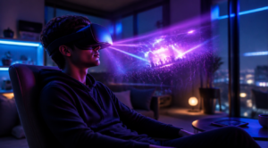 A young person wearing a sleek black VR headset sitting comfortably in a modern dimly lit room, fully immersed in a virtual concert experience. Translucent holographic light beams and colorful stage lights emanate from the headset, suggesting a vibrant live music atmosphere inside the virtual world. The room has subtle neon accents and a futuristic minimalist aesthetic. Cinematic lighting, photorealistic style, shallow depth of field, ultra-detailed, 8K quality, vibrant purple and blue tones, moody atmospheric composition.