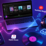 Modern flat lay digital illustration showing interconnected music streaming platforms with glowing sound waves linking a smartphone, laptop, and wireless headphones, surrounded by colorful vinyl records, animated equalizer bars, floating music notes, and cloud sync icons, vibrant gradient background in purple, pink, and electric blue tones, clean minimal tech aesthetic, high resolution, 16:9 aspect ratio, soft cinematic lighting