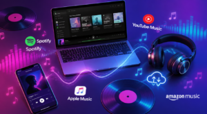 Modern flat lay digital illustration showing interconnected music streaming platforms with glowing sound waves linking a smartphone, laptop, and wireless headphones, surrounded by colorful vinyl records, animated equalizer bars, floating music notes, and cloud sync icons, vibrant gradient background in purple, pink, and electric blue tones, clean minimal tech aesthetic, high resolution, 16:9 aspect ratio, soft cinematic lighting