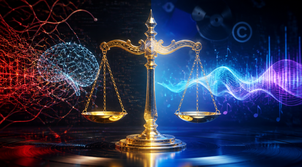 A high-quality conceptual digital illustration showing a glowing AI neural network on the left transforming into a musical waveform on the right, split down the middle by a translucent golden scale of justice. The left side is dark with tangled red threads symbolizing plagiarism, the right side is bright with clean flowing blue and purple sound waves symbolizing inspiration. Background features subtle vinyl records, code snippets, and copyright symbols fading into a soft gradient. Cinematic lighting, modern editorial style, ultra-detailed, 4K resolution, no text.