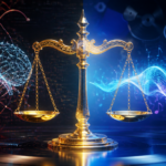 A high-quality conceptual digital illustration showing a glowing AI neural network on the left transforming into a musical waveform on the right, split down the middle by a translucent golden scale of justice. The left side is dark with tangled red threads symbolizing plagiarism, the right side is bright with clean flowing blue and purple sound waves symbolizing inspiration. Background features subtle vinyl records, code snippets, and copyright symbols fading into a soft gradient. Cinematic lighting, modern editorial style, ultra-detailed, 4K resolution, no text.